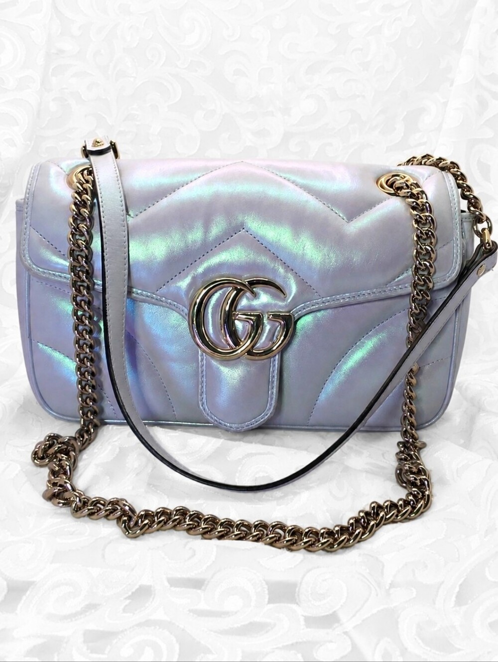 Gucci GG Marmont Small Matelasse Iridescent Metallic White Pearl Crossbody Bag